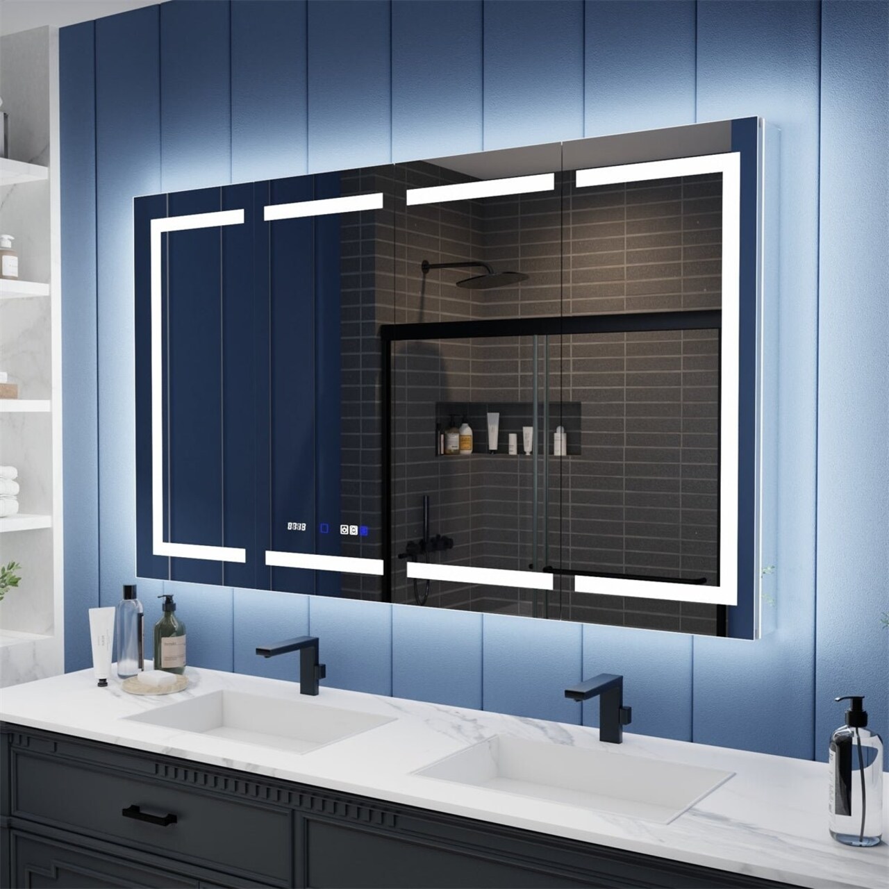 Allsumhome Illusion-B 60" x 36" LED Lighted Inset Mirrored Medicine Cabinet with Magnifiers Front and Back Light